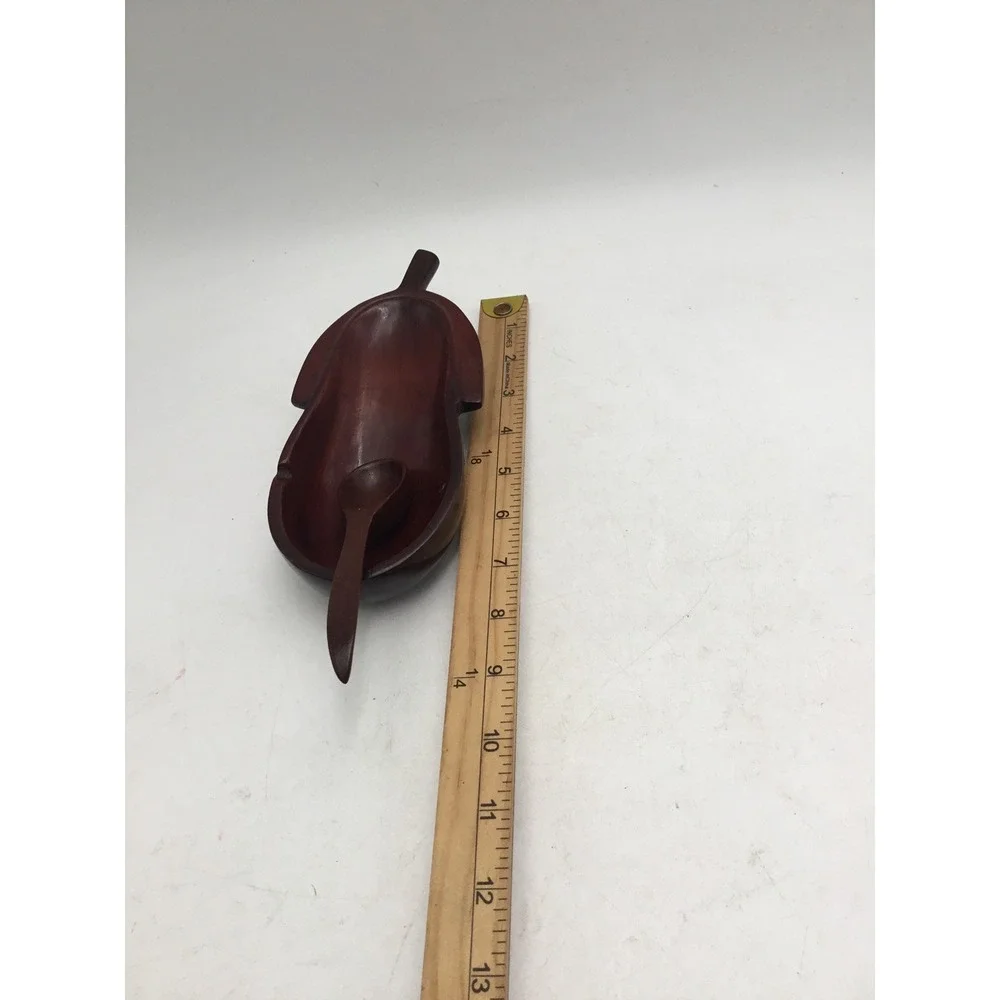 Vintage Hand Carved Wood Leaf Snack Bowl with Spoon Haiti Mahogany Tone 8.5 Inch